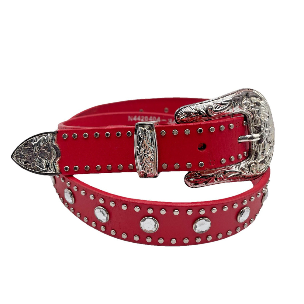 Nocona Red Studded Western Belt with Rhinestones and Silver Buckle